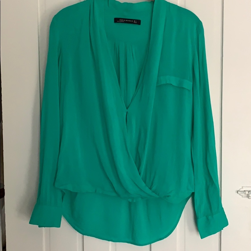 Zara Woman Teal Green Crossover Vneck Blouse Small